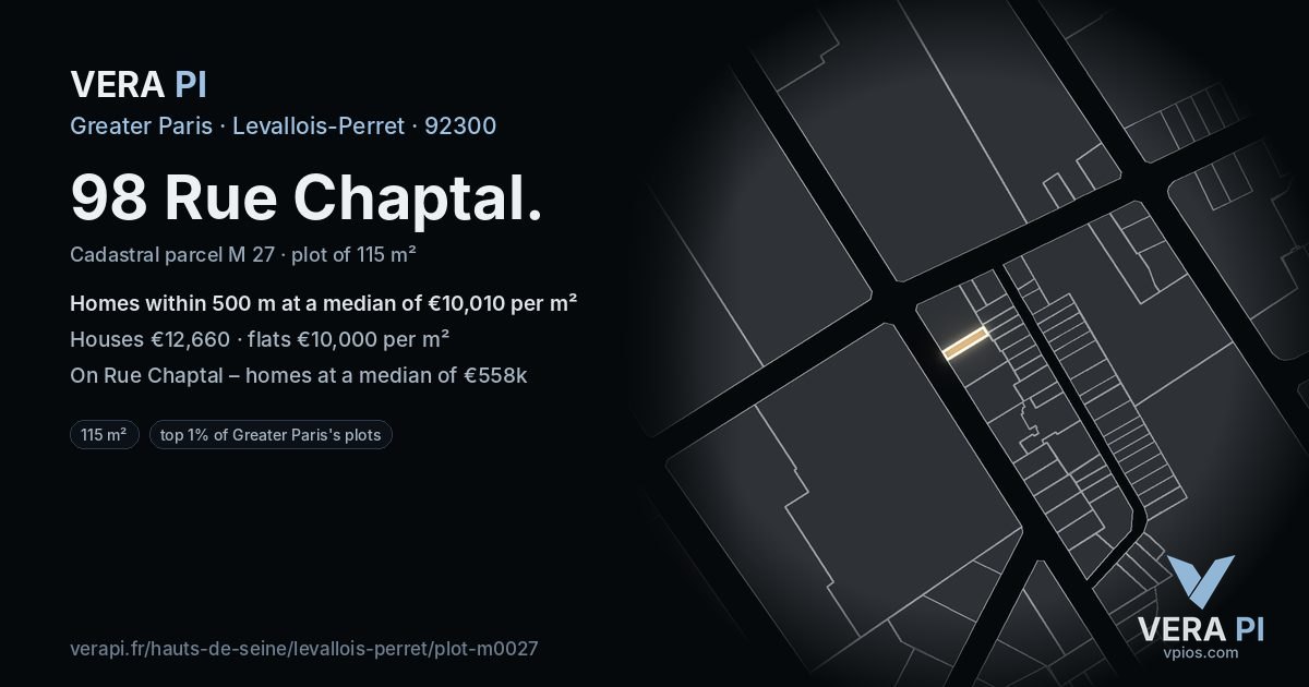 98 Rue Chaptal, Levallois-Perret at night – the plot lit, the parcels around coloured by the prices near them