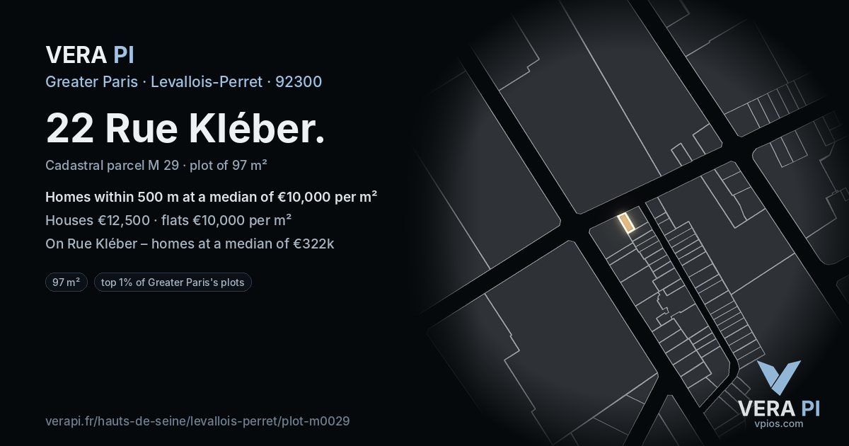 22 Rue Kléber, Levallois-Perret at night – the plot lit, the parcels around coloured by the prices near them