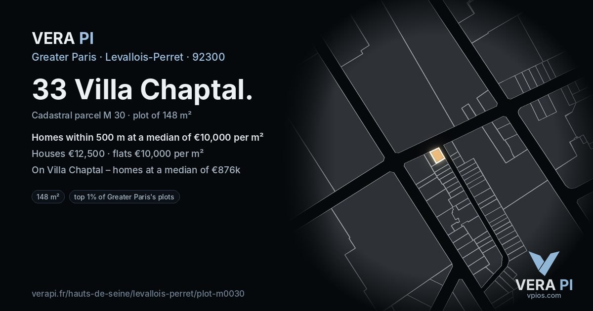 33 Villa Chaptal, Levallois-Perret at night – the plot lit, the parcels around coloured by the prices near them