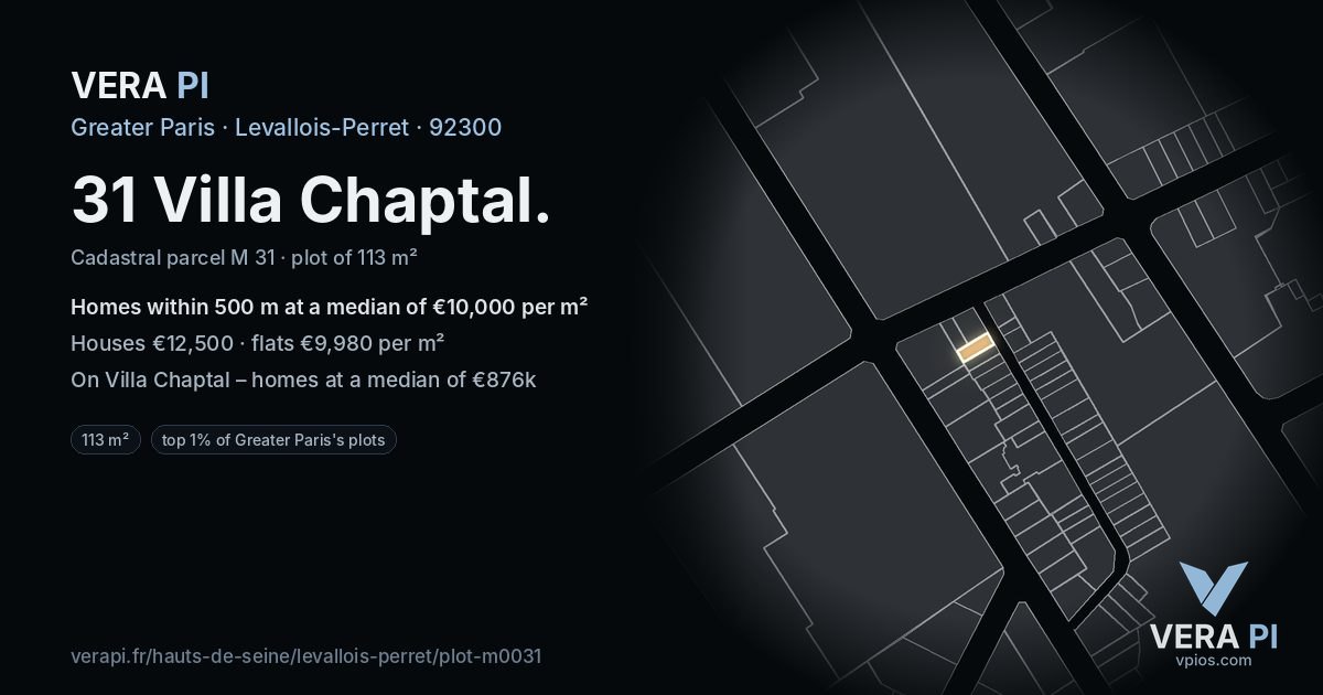 31 Villa Chaptal, Levallois-Perret at night – the plot lit, the parcels around coloured by the prices near them