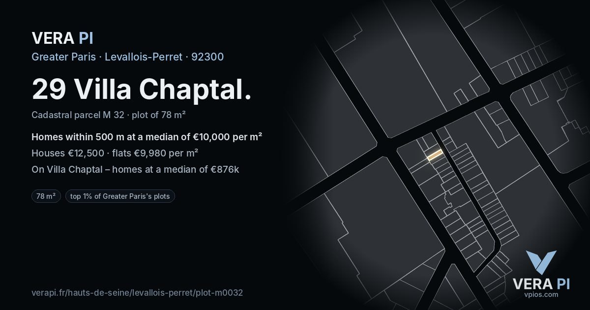 29 Villa Chaptal, Levallois-Perret at night – the plot lit, the parcels around coloured by the prices near them