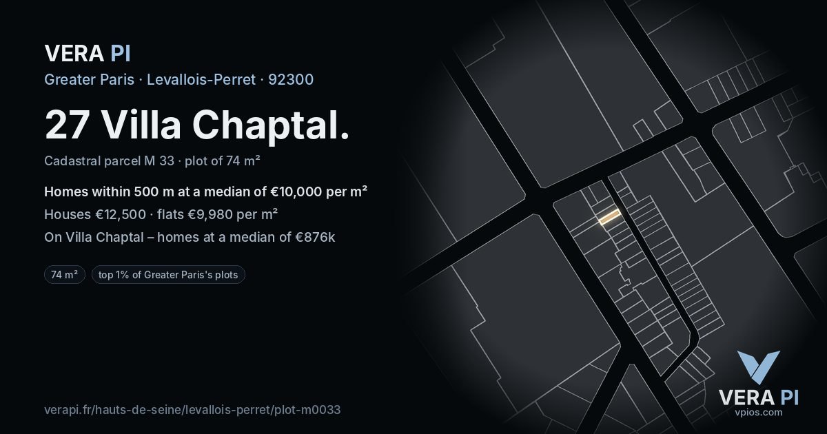 27 Villa Chaptal, Levallois-Perret at night – the plot lit, the parcels around coloured by the prices near them