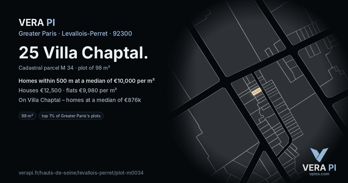 25 Villa Chaptal, Levallois-Perret at night – the plot lit, the parcels around coloured by the prices near them