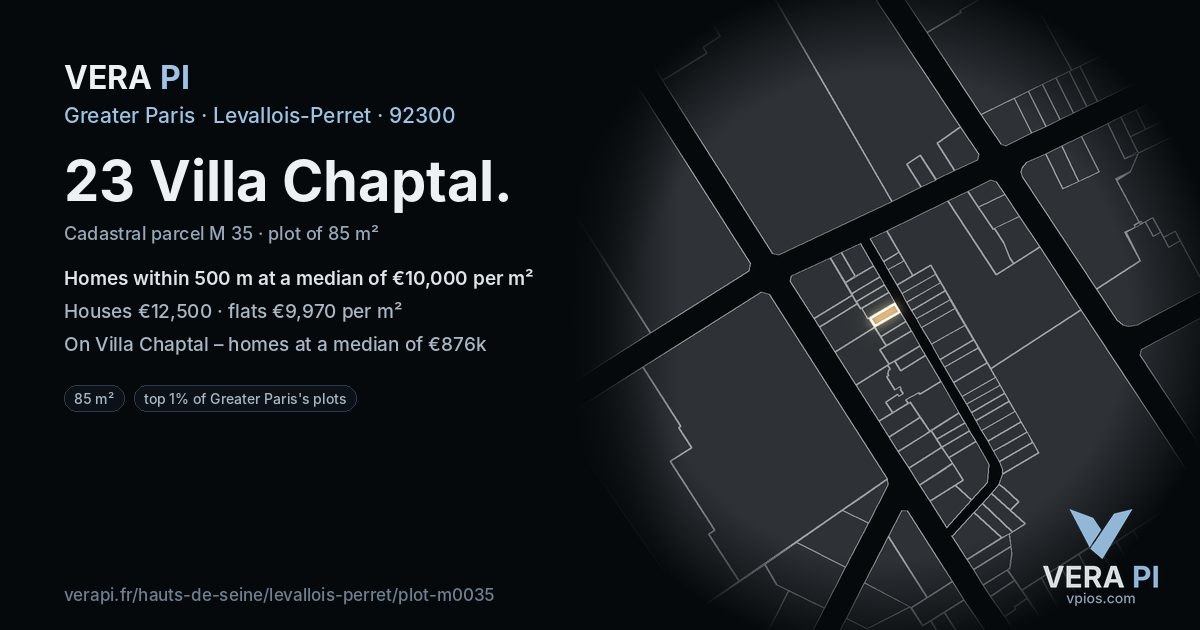 23 Villa Chaptal, Levallois-Perret at night – the plot lit, the parcels around coloured by the prices near them