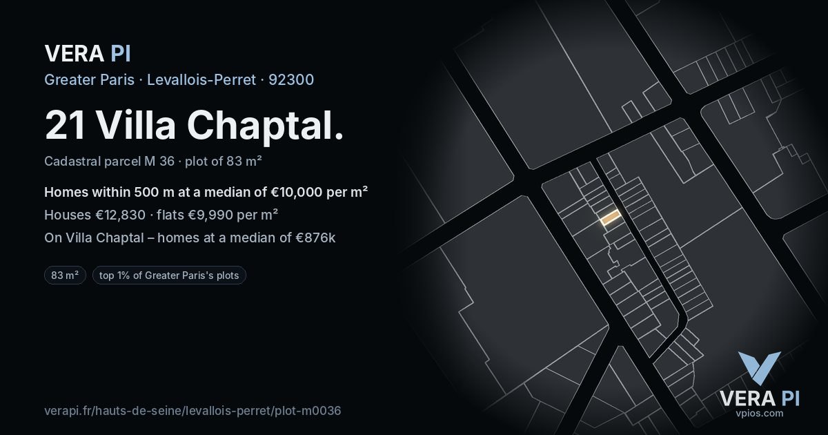 21 Villa Chaptal, Levallois-Perret at night – the plot lit, the parcels around coloured by the prices near them