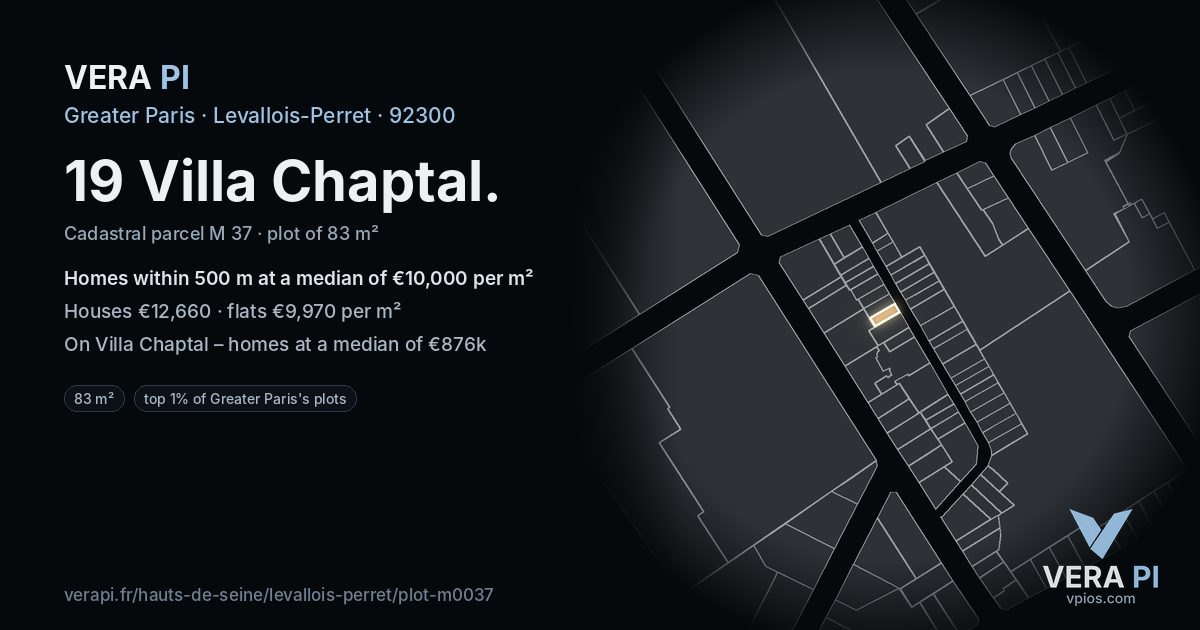 19 Villa Chaptal, Levallois-Perret at night – the plot lit, the parcels around coloured by the prices near them