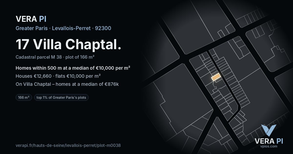 17 Villa Chaptal, Levallois-Perret at night – the plot lit, the parcels around coloured by the prices near them
