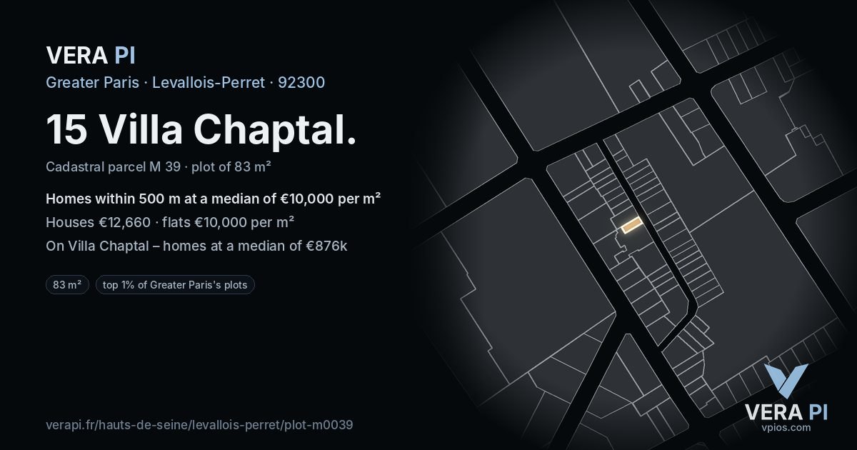 15 Villa Chaptal, Levallois-Perret at night – the plot lit, the parcels around coloured by the prices near them