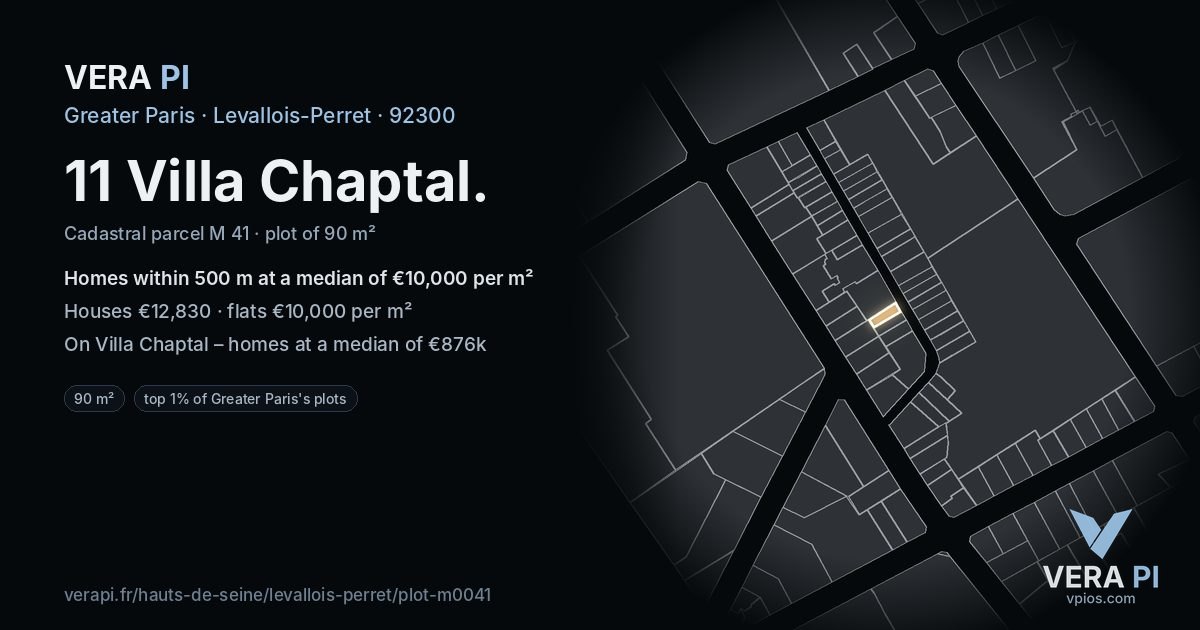 11 Villa Chaptal, Levallois-Perret at night – the plot lit, the parcels around coloured by the prices near them