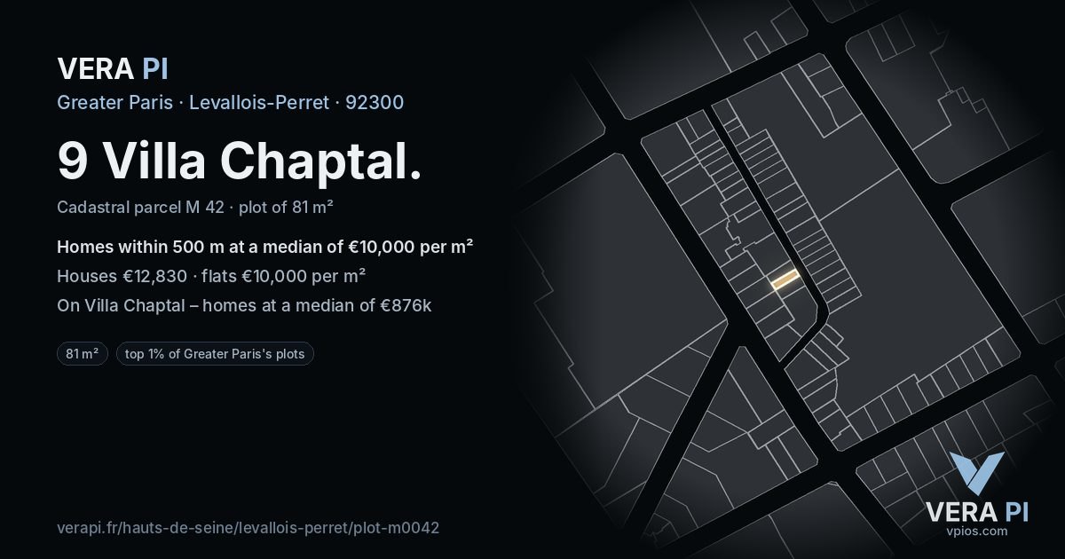 9 Villa Chaptal, Levallois-Perret at night – the plot lit, the parcels around coloured by the prices near them