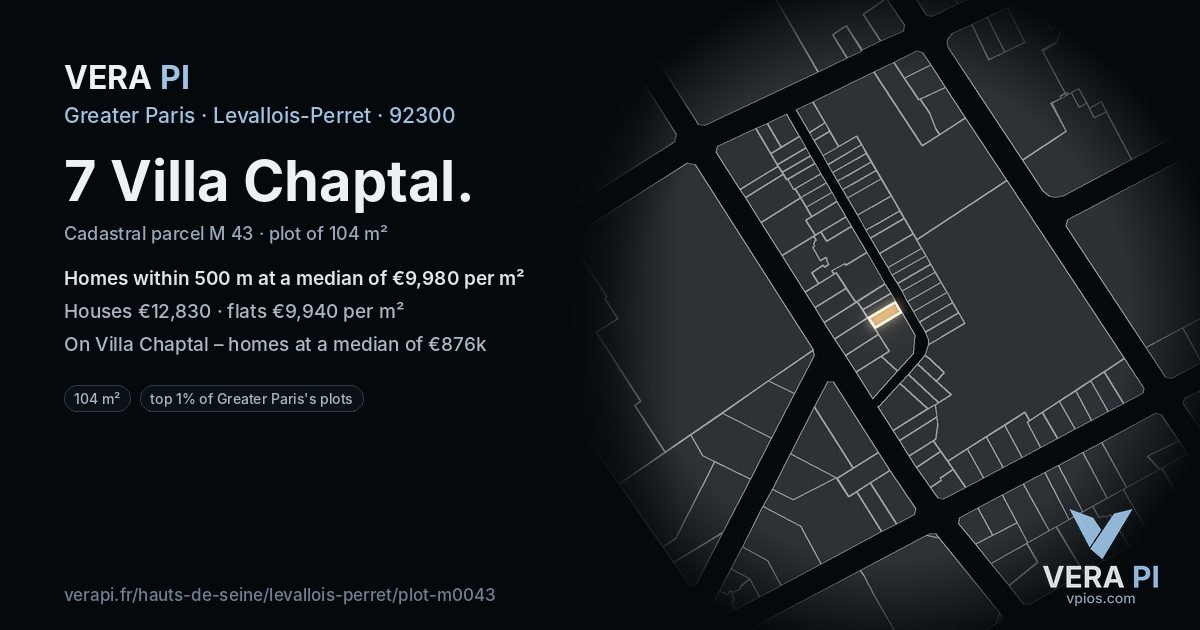 7 Villa Chaptal, Levallois-Perret at night – the plot lit, the parcels around coloured by the prices near them