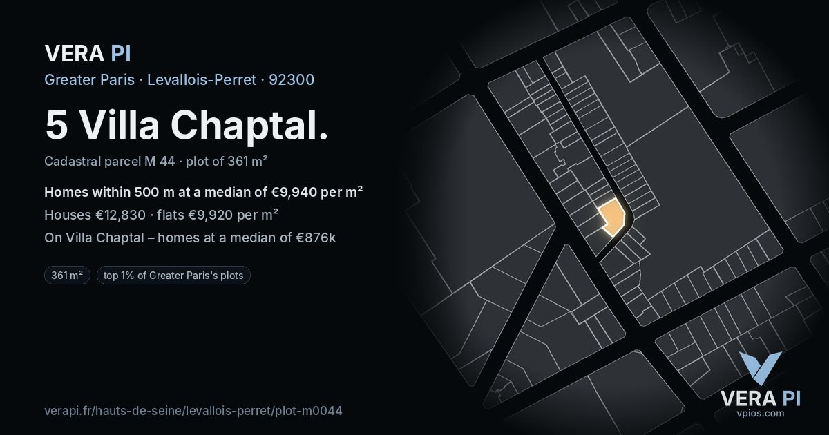 5 Villa Chaptal, Levallois-Perret at night – the plot lit, the parcels around coloured by the prices near them