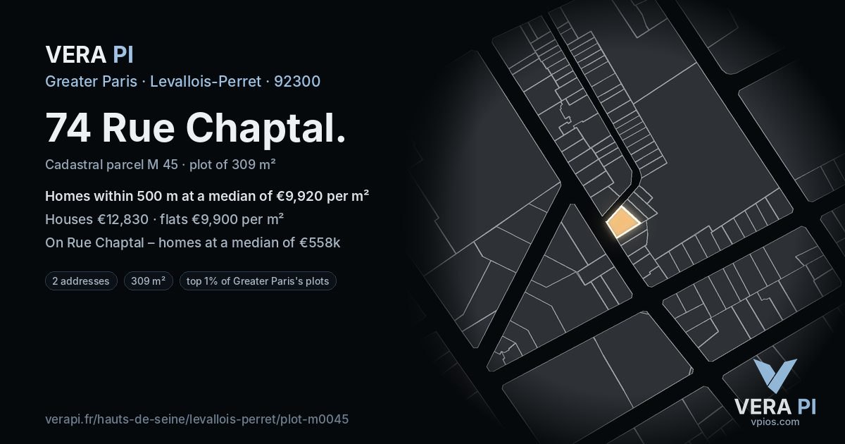 74 Rue Chaptal, Levallois-Perret at night – the plot lit, the parcels around coloured by the prices near them