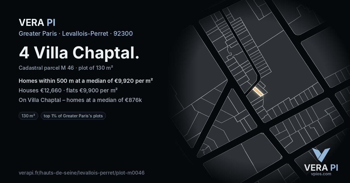 4 Villa Chaptal, Levallois-Perret at night – the plot lit, the parcels around coloured by the prices near them