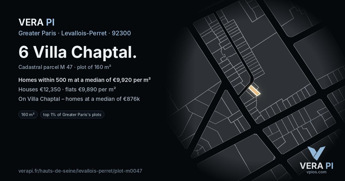 6 Villa Chaptal, Levallois-Perret at night – the plot lit, the parcels around coloured by the prices near them