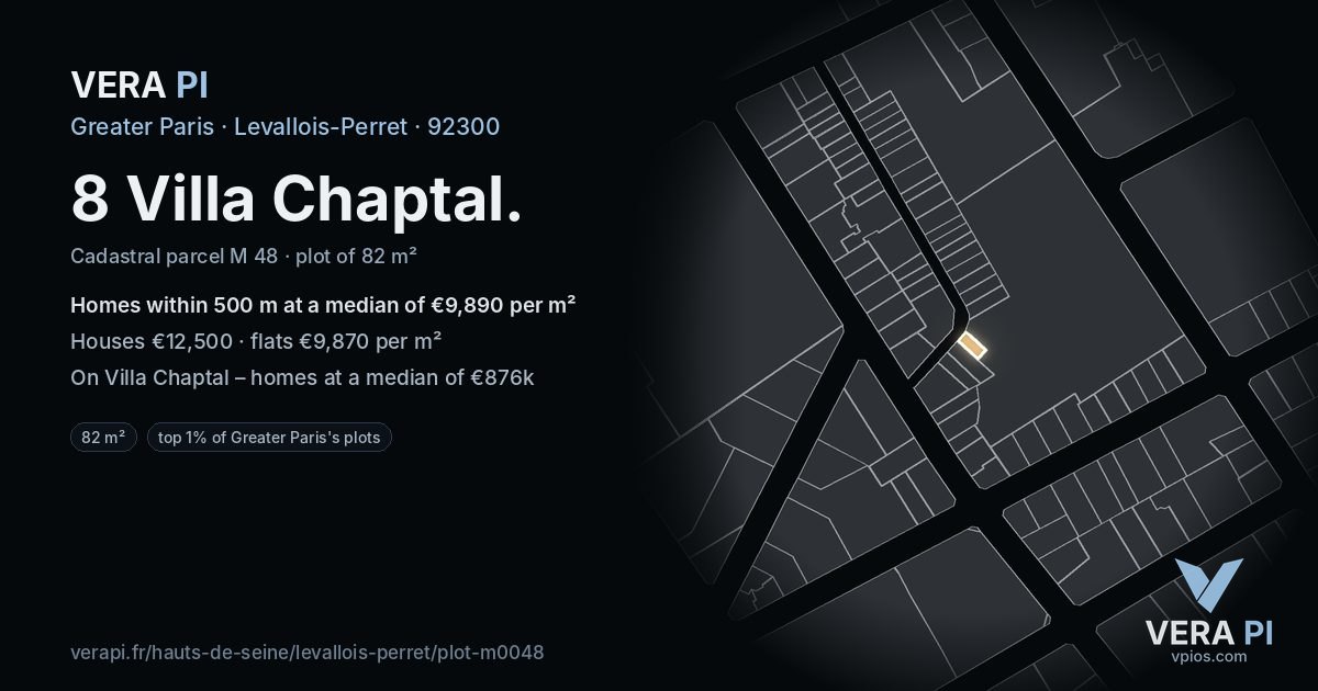 8 Villa Chaptal, Levallois-Perret at night – the plot lit, the parcels around coloured by the prices near them