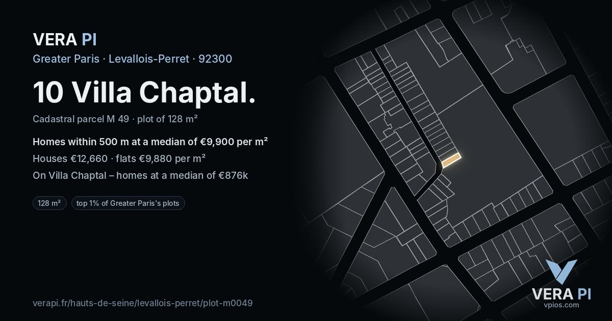 10 Villa Chaptal, Levallois-Perret at night – the plot lit, the parcels around coloured by the prices near them