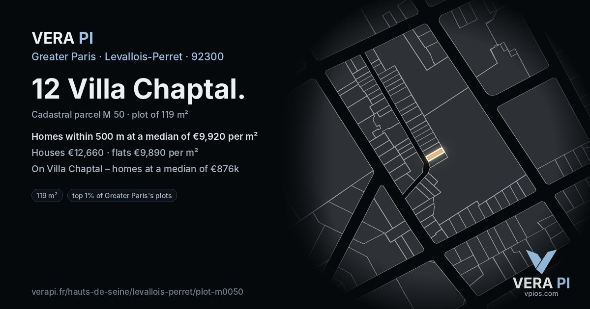 12 Villa Chaptal, Levallois-Perret at night – the plot lit, the parcels around coloured by the prices near them