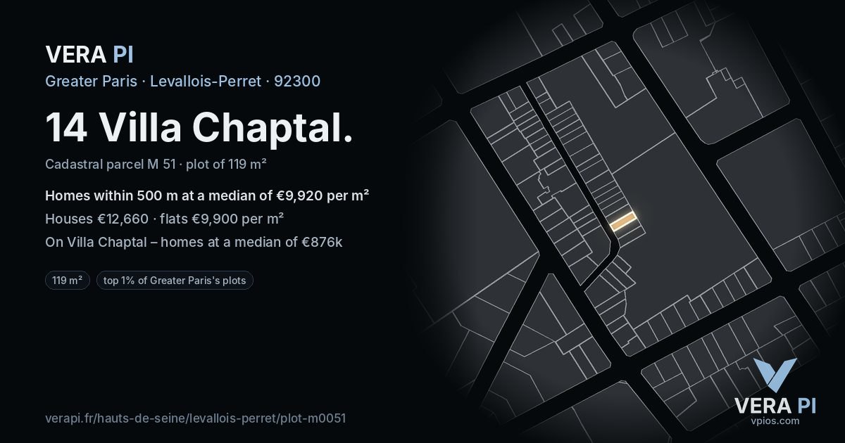 14 Villa Chaptal, Levallois-Perret at night – the plot lit, the parcels around coloured by the prices near them