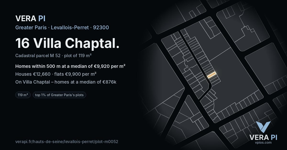 16 Villa Chaptal, Levallois-Perret at night – the plot lit, the parcels around coloured by the prices near them