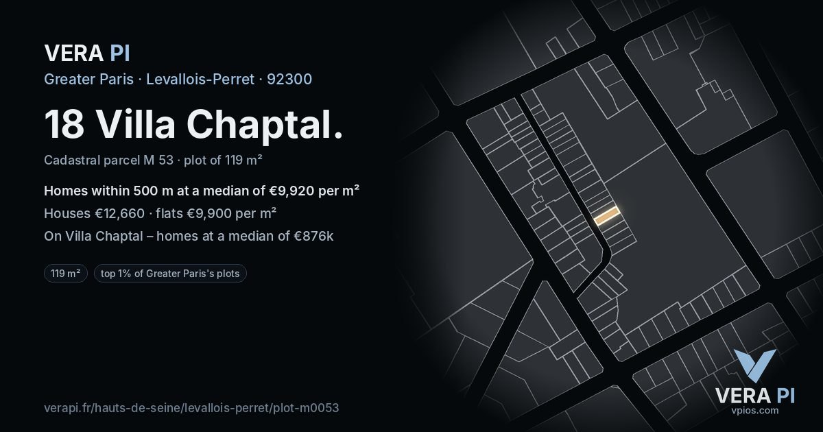 18 Villa Chaptal, Levallois-Perret at night – the plot lit, the parcels around coloured by the prices near them