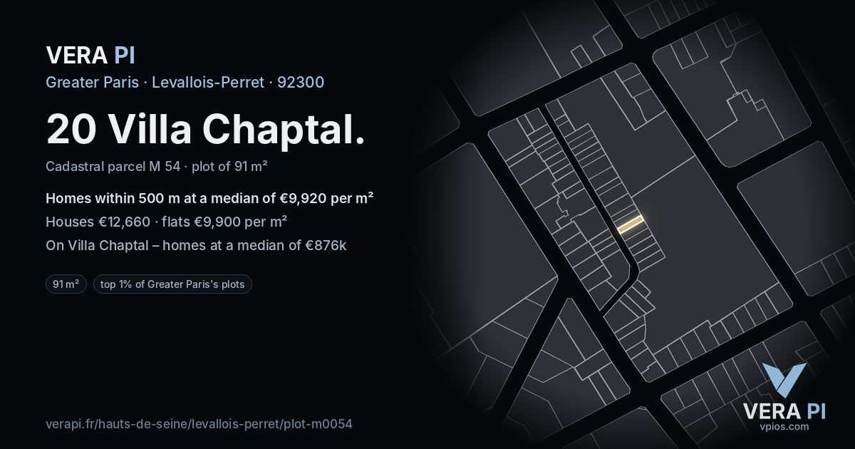 20 Villa Chaptal, Levallois-Perret at night – the plot lit, the parcels around coloured by the prices near them
