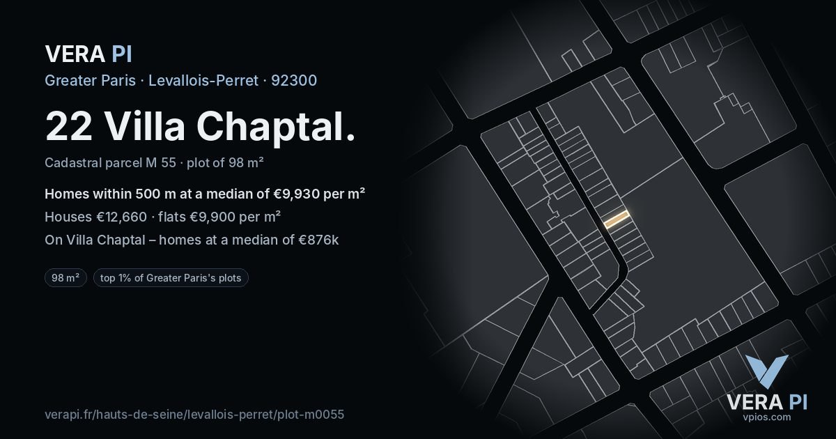 22 Villa Chaptal, Levallois-Perret at night – the plot lit, the parcels around coloured by the prices near them