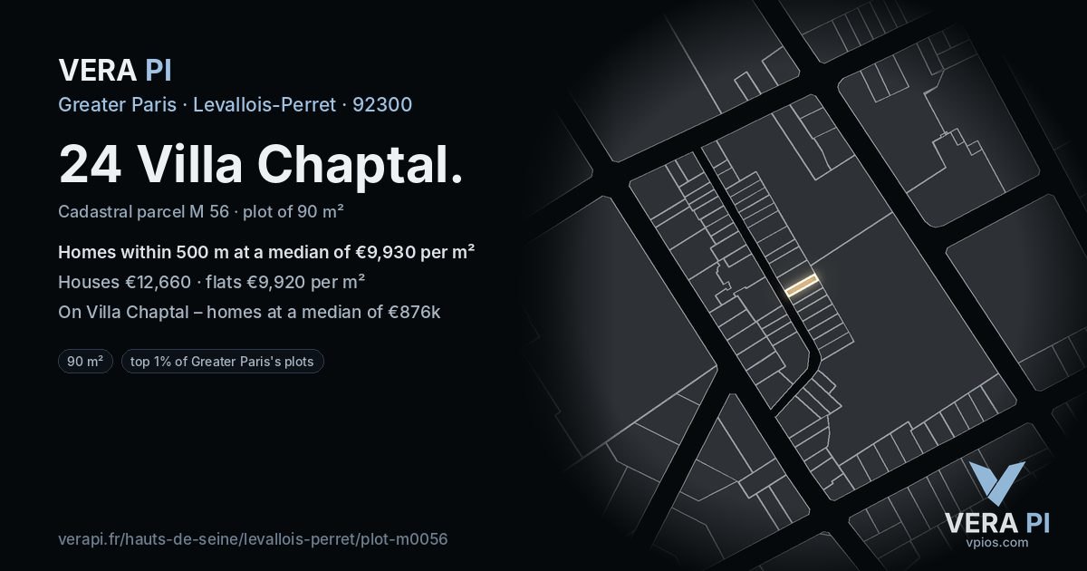 24 Villa Chaptal, Levallois-Perret at night – the plot lit, the parcels around coloured by the prices near them