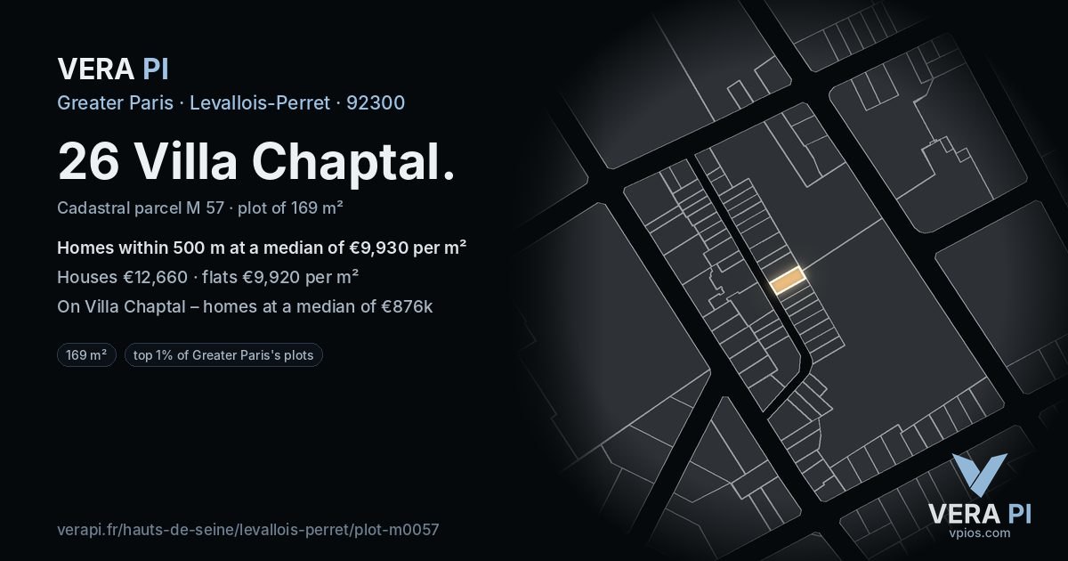26 Villa Chaptal, Levallois-Perret at night – the plot lit, the parcels around coloured by the prices near them