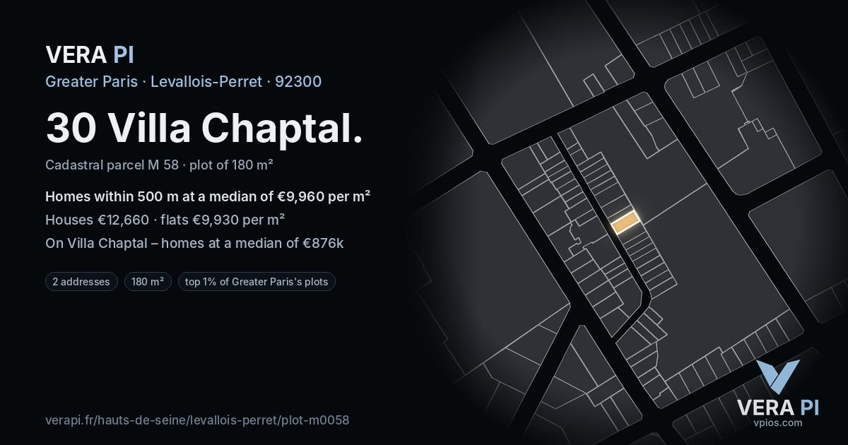 30 Villa Chaptal, Levallois-Perret at night – the plot lit, the parcels around coloured by the prices near them