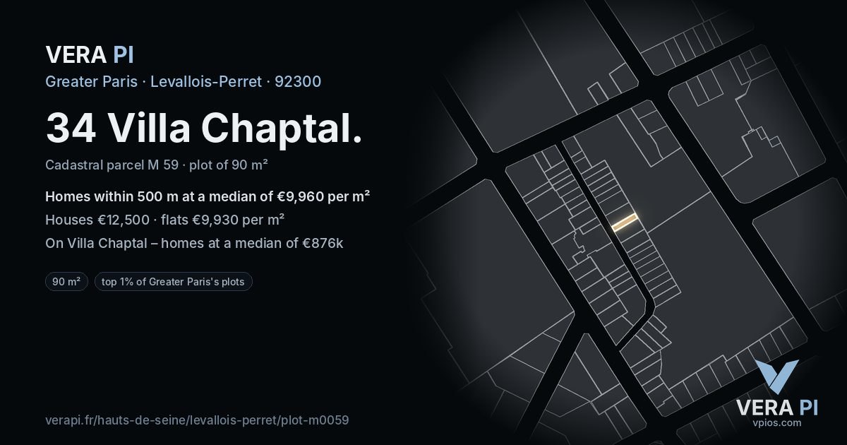 34 Villa Chaptal, Levallois-Perret at night – the plot lit, the parcels around coloured by the prices near them