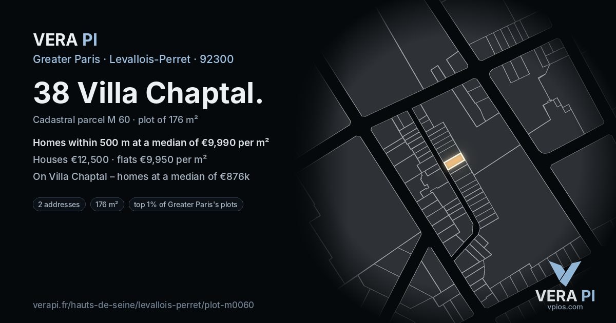 38 Villa Chaptal, Levallois-Perret at night – the plot lit, the parcels around coloured by the prices near them