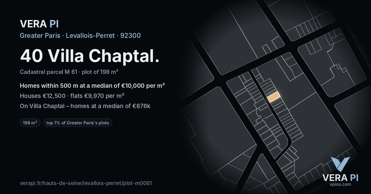40 Villa Chaptal, Levallois-Perret at night – the plot lit, the parcels around coloured by the prices near them