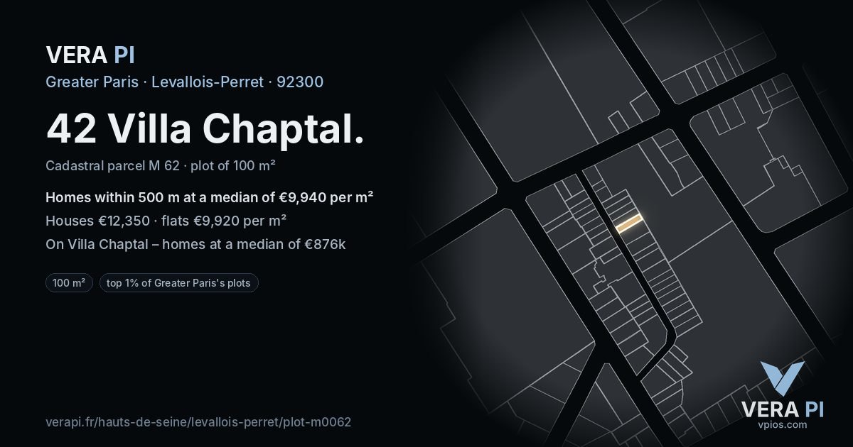 42 Villa Chaptal, Levallois-Perret at night – the plot lit, the parcels around coloured by the prices near them
