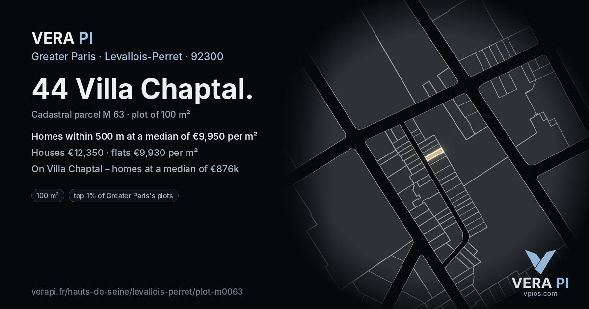 44 Villa Chaptal, Levallois-Perret at night – the plot lit, the parcels around coloured by the prices near them