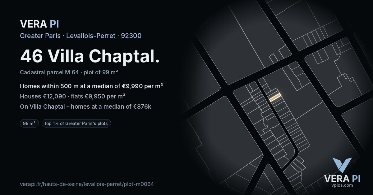 46 Villa Chaptal, Levallois-Perret at night – the plot lit, the parcels around coloured by the prices near them