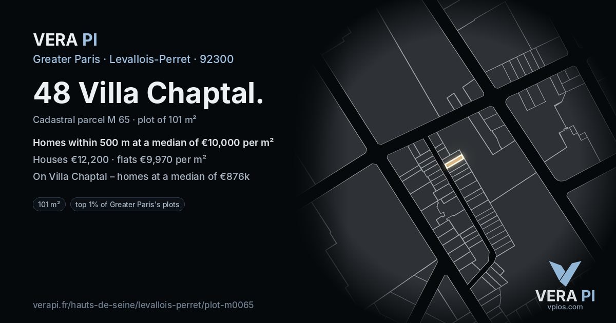 48 Villa Chaptal, Levallois-Perret at night – the plot lit, the parcels around coloured by the prices near them