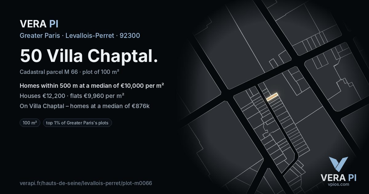 50 Villa Chaptal, Levallois-Perret at night – the plot lit, the parcels around coloured by the prices near them