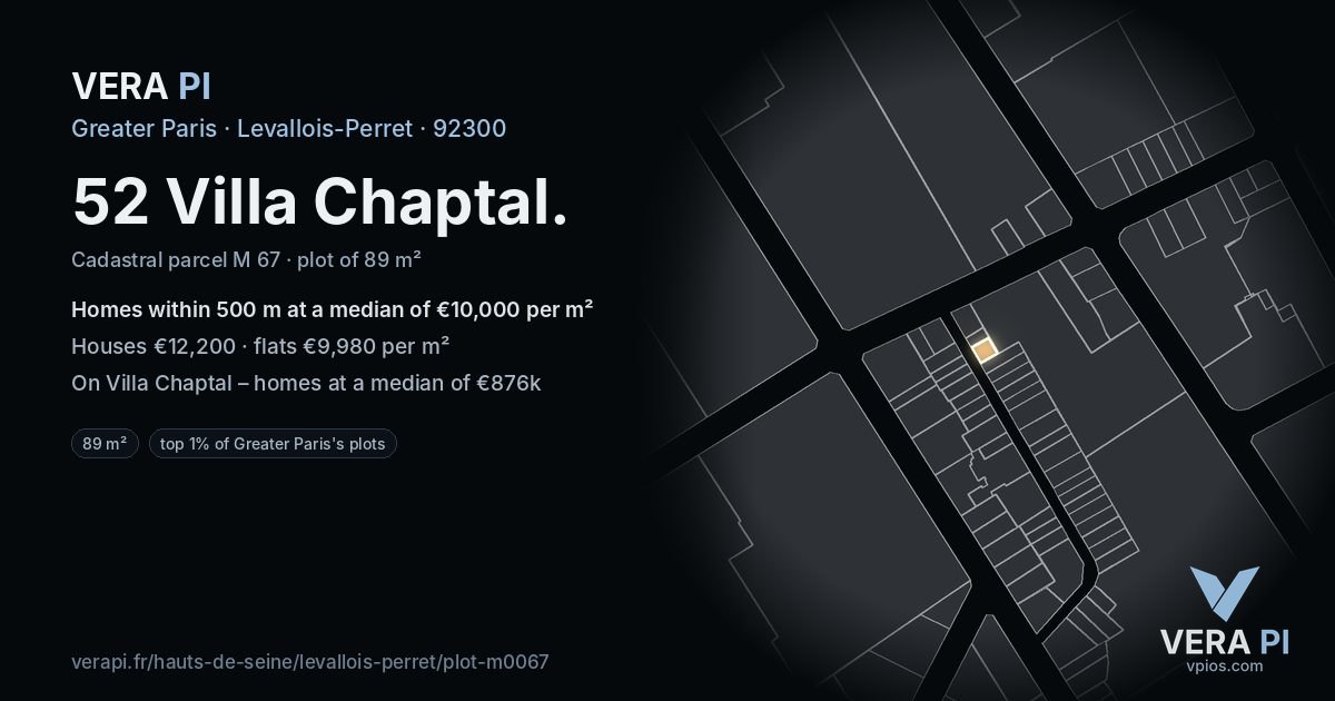 52 Villa Chaptal, Levallois-Perret at night – the plot lit, the parcels around coloured by the prices near them