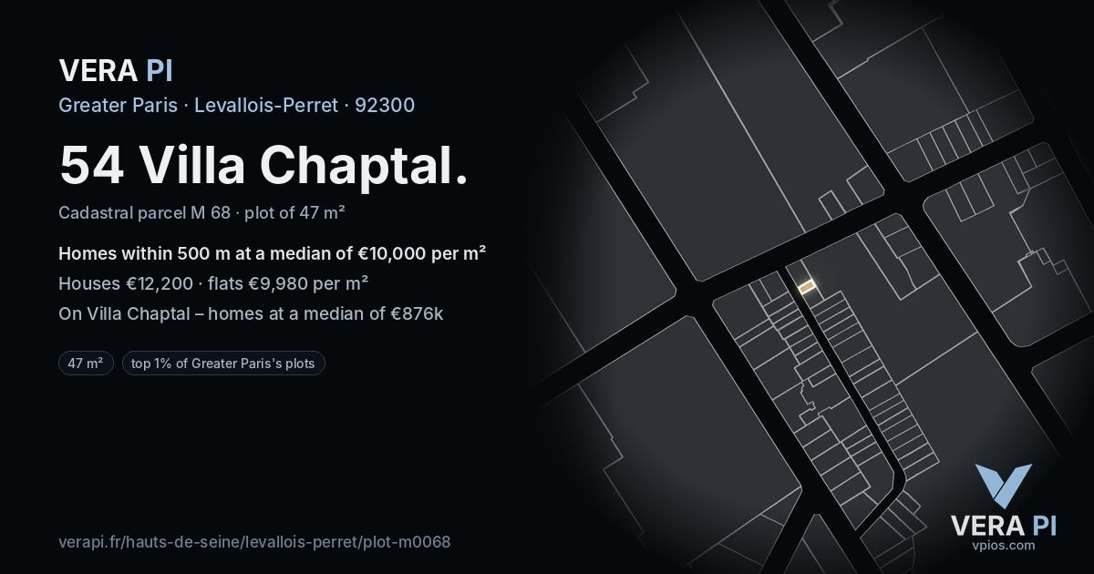 54 Villa Chaptal, Levallois-Perret at night – the plot lit, the parcels around coloured by the prices near them