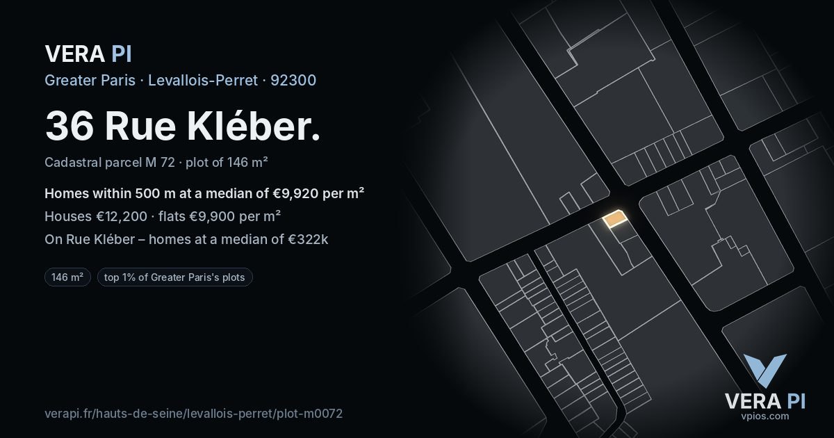 36 Rue Kléber, Levallois-Perret at night – the plot lit, the parcels around coloured by the prices near them