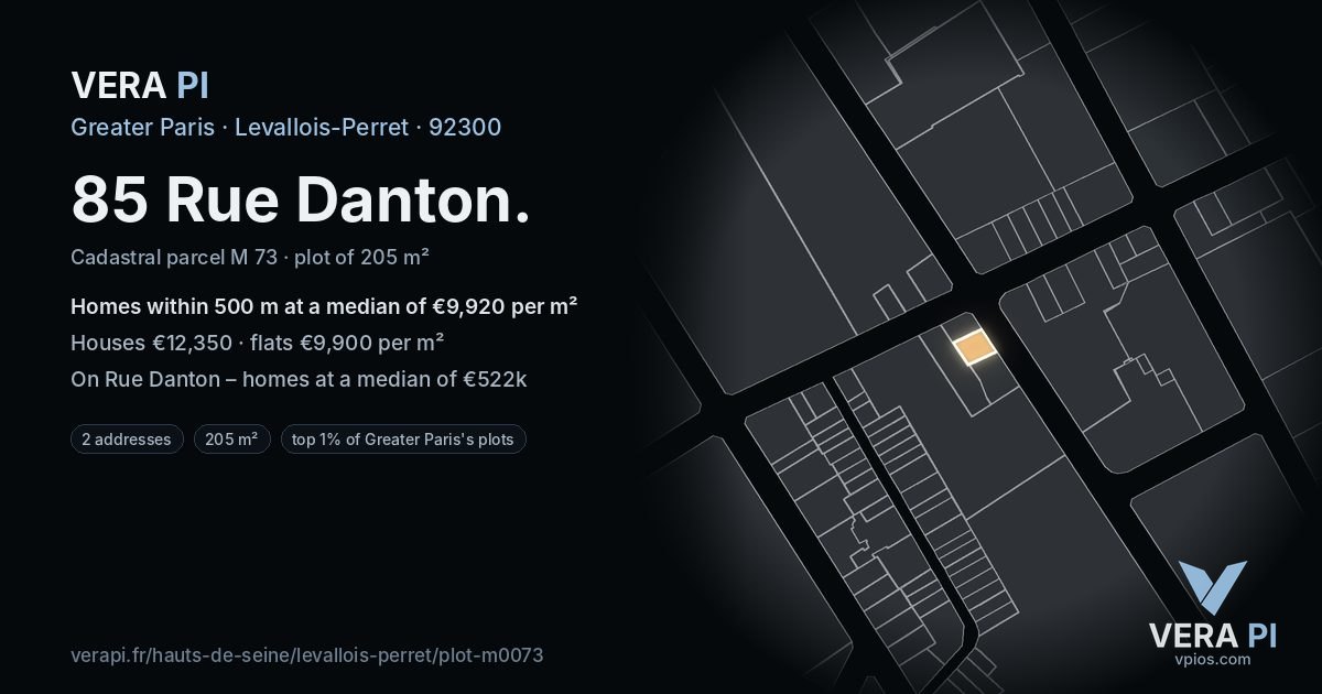 85 Rue Danton, Levallois-Perret at night – the plot lit, the parcels around coloured by the prices near them