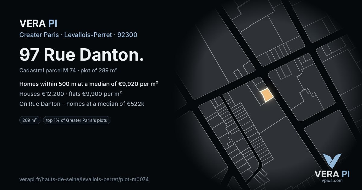 97 Rue Danton, Levallois-Perret at night – the plot lit, the parcels around coloured by the prices near them