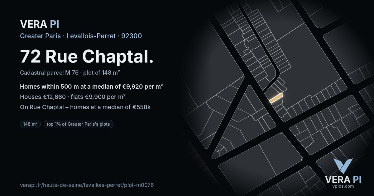 72 Rue Chaptal, Levallois-Perret at night – the plot lit, the parcels around coloured by the prices near them