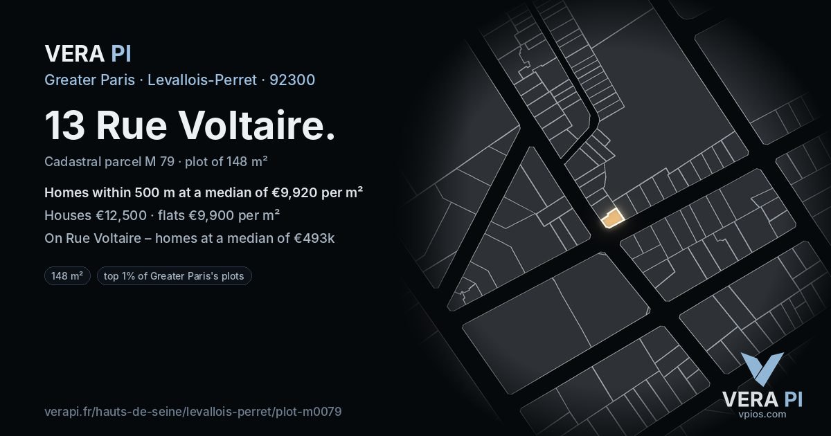 13 Rue Voltaire, Levallois-Perret at night – the plot lit, the parcels around coloured by the prices near them