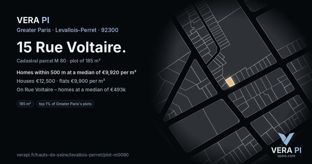 15 Rue Voltaire, Levallois-Perret at night – the plot lit, the parcels around coloured by the prices near them