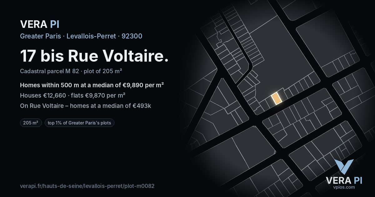 17 bis Rue Voltaire, Levallois-Perret at night – the plot lit, the parcels around coloured by the prices near them