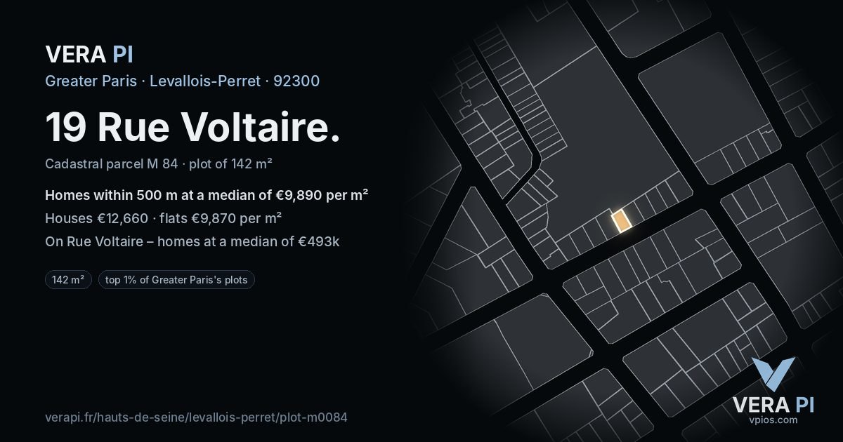 19 Rue Voltaire, Levallois-Perret at night – the plot lit, the parcels around coloured by the prices near them