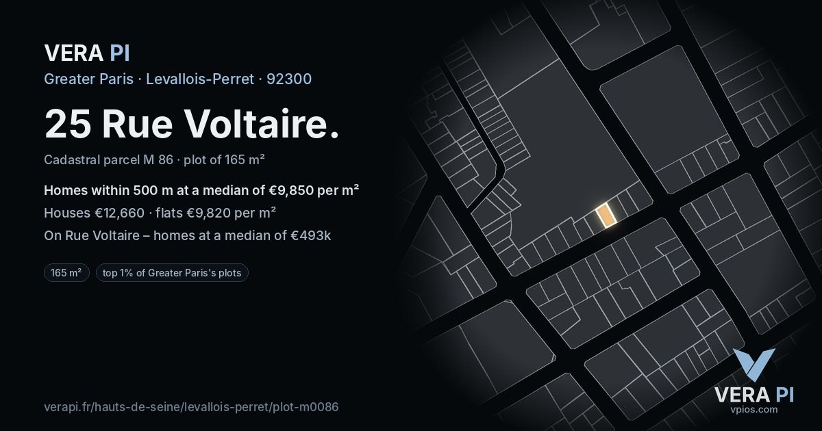 25 Rue Voltaire, Levallois-Perret at night – the plot lit, the parcels around coloured by the prices near them