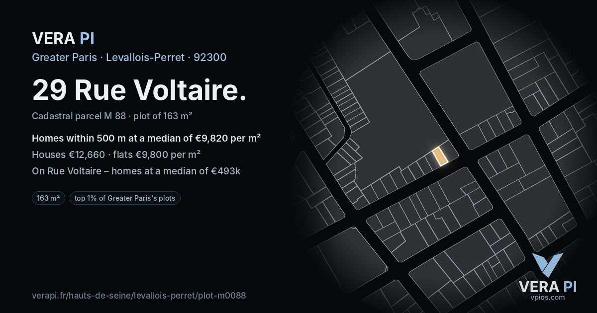 29 Rue Voltaire, Levallois-Perret at night – the plot lit, the parcels around coloured by the prices near them